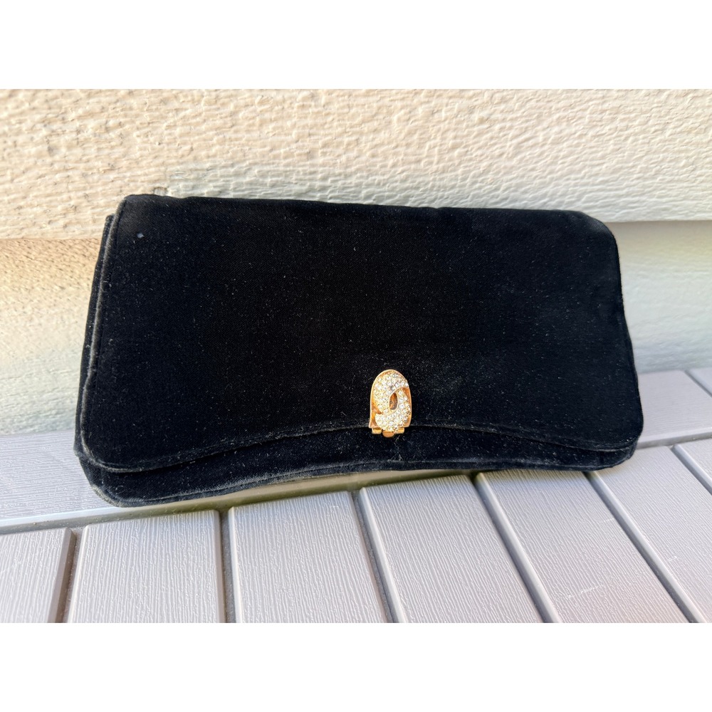 Vintage Garay Black Velvet Evening Clutch Gold Clasp Hand Strap Bag -BN